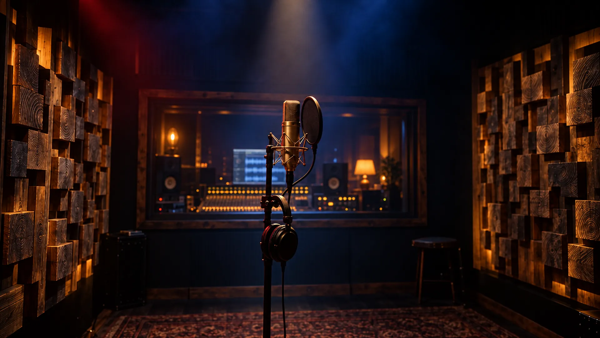 The Rustwood vocal booth lit up mid-session, mixing desk glowing through the glass